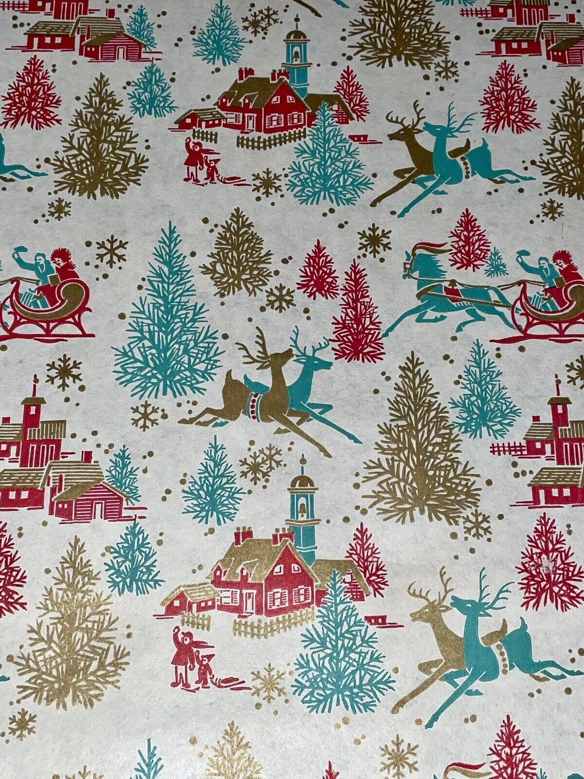 VTG CHRISTMAS WRAPPING PAPER GIFT WRAP REINDEER SLEIGH TREE TEAL RED GOLD