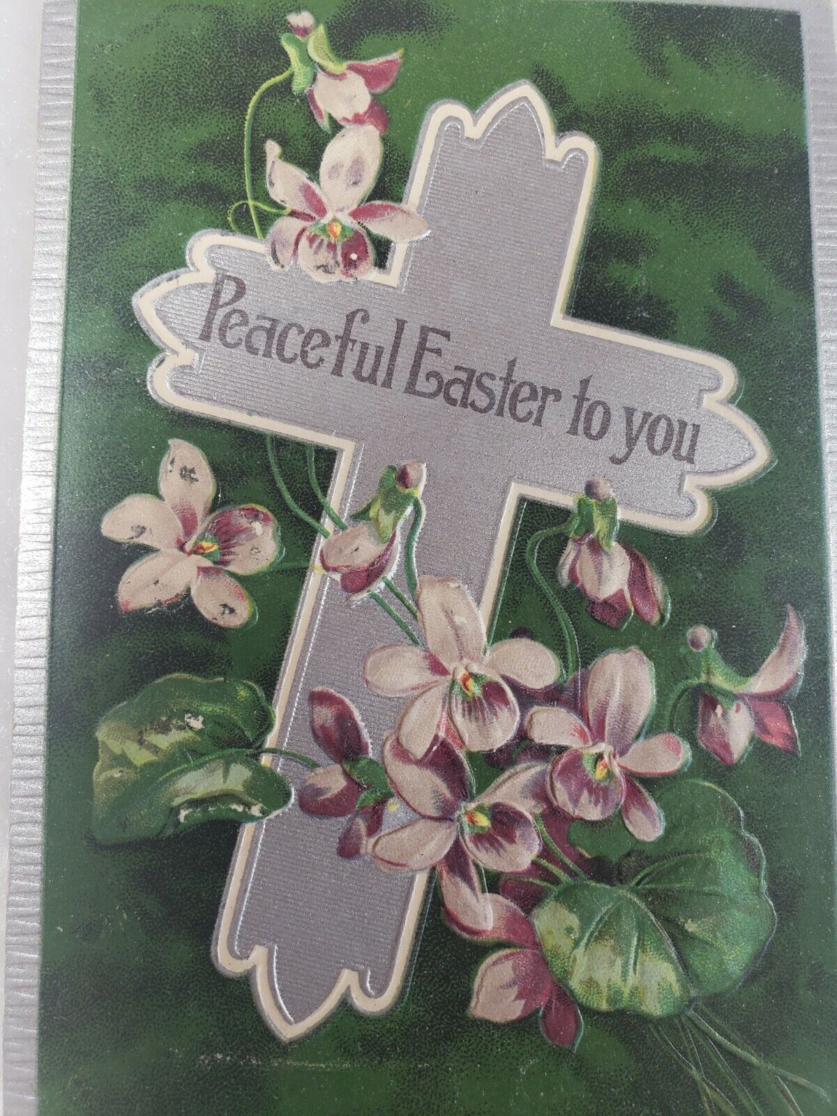 C 1908 Peaceful Easter To You Silver Cross Purple Embossed Flowers Postcard
