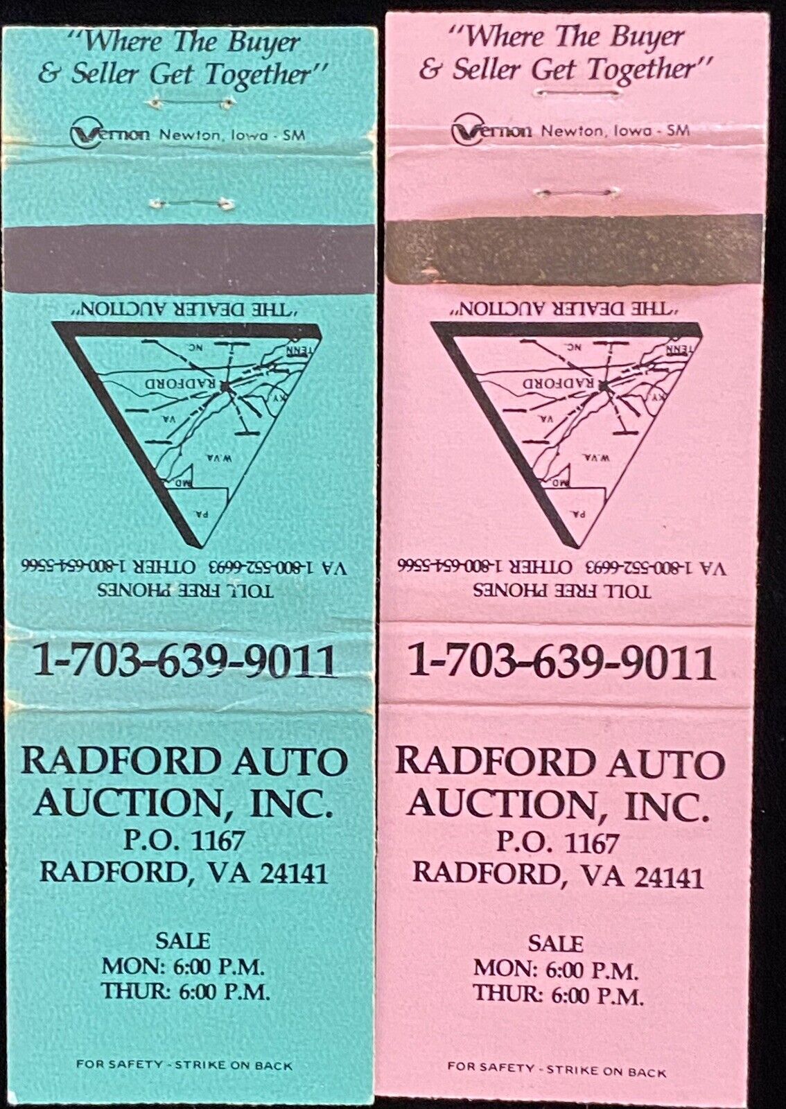 RADFORD Auto Auction Radford Virginia Set Of 2 Vintage Matchbook Covers B-3064