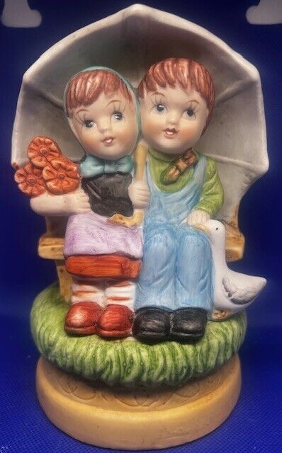 Vintage Boy & Girl with Flowers & Duck under Umbrella Music Box works see Video