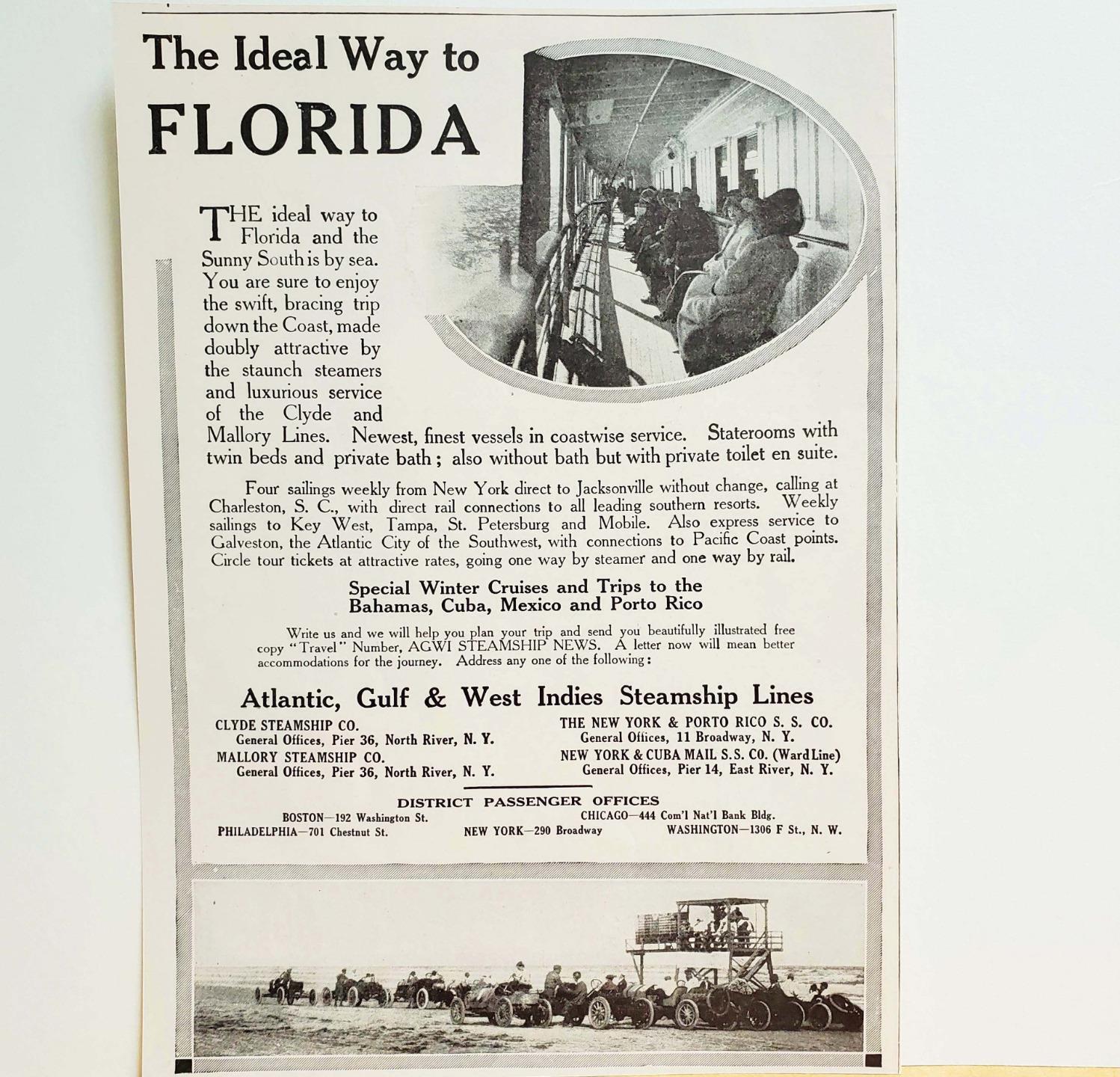 1914 Atlantic Gulf West Indies Steamship Florida Old Cars Beach Photo Print AD