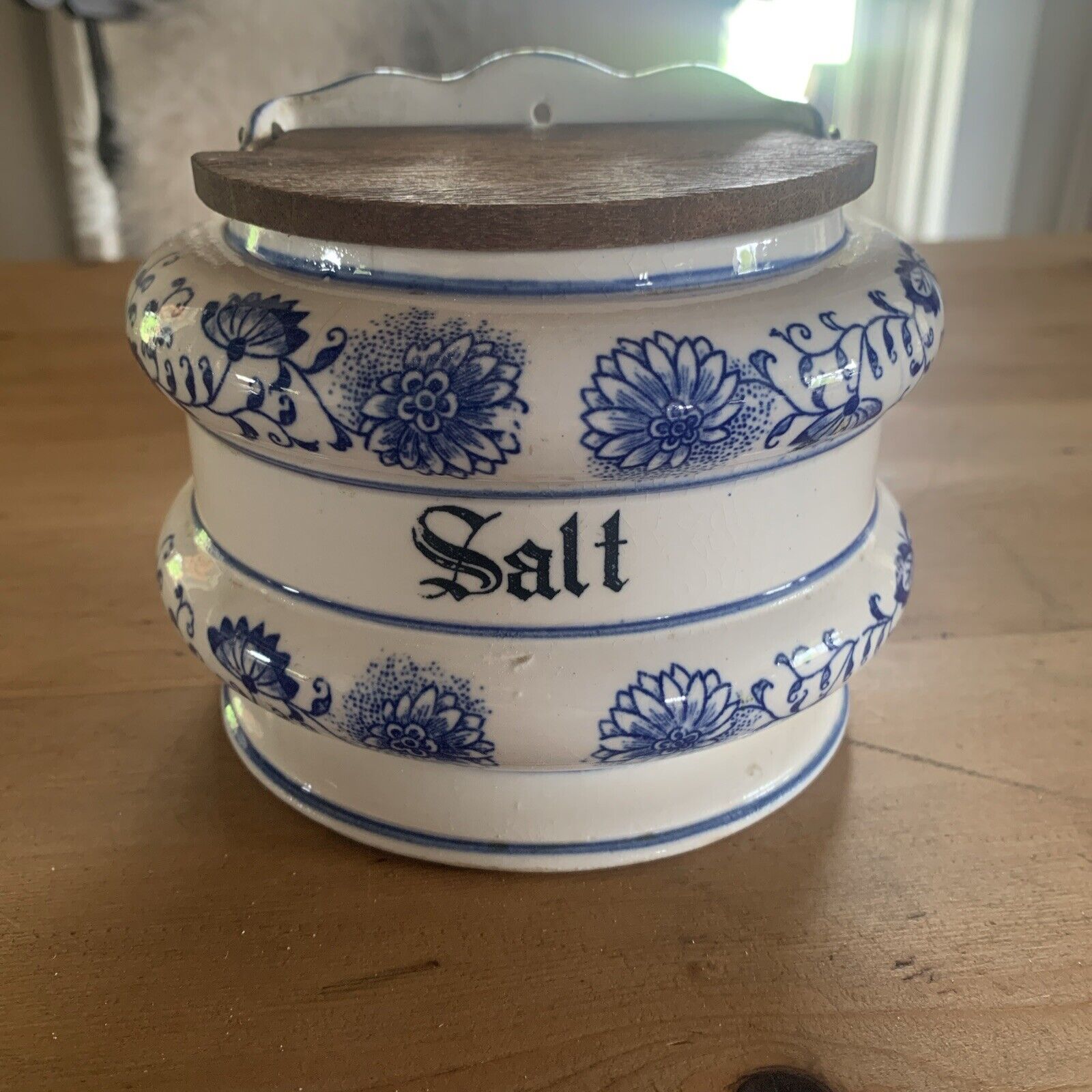 Antique Blue onion salt crock
