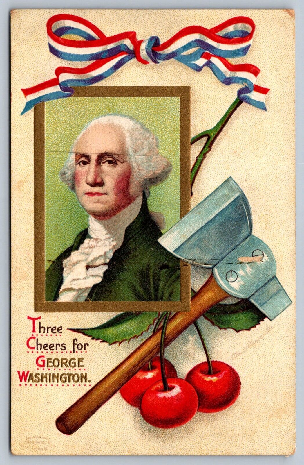 c1910 GEORGE WASHINGTONS BIRTHDAY postcard ELLEN CLAPSADDLE axe cherries