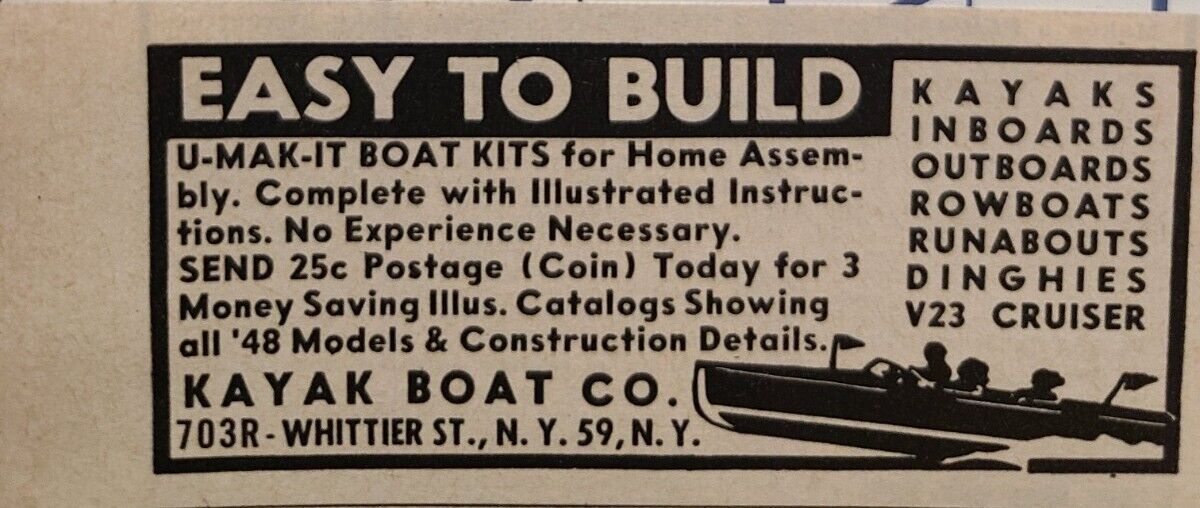 Kayak Boat Company U-Make-It Boat Kits Vintage Print Ad 1948