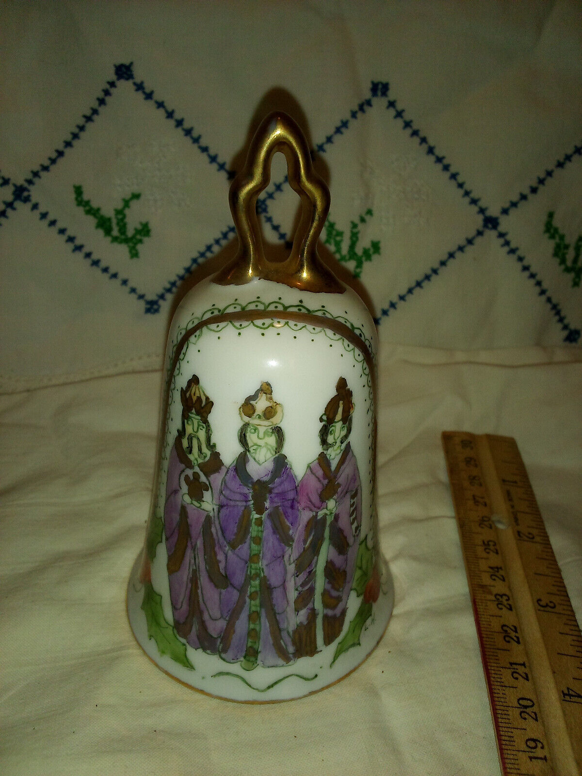 vintage porcelain bell Russian kings gold handle hand painted signed tall shape