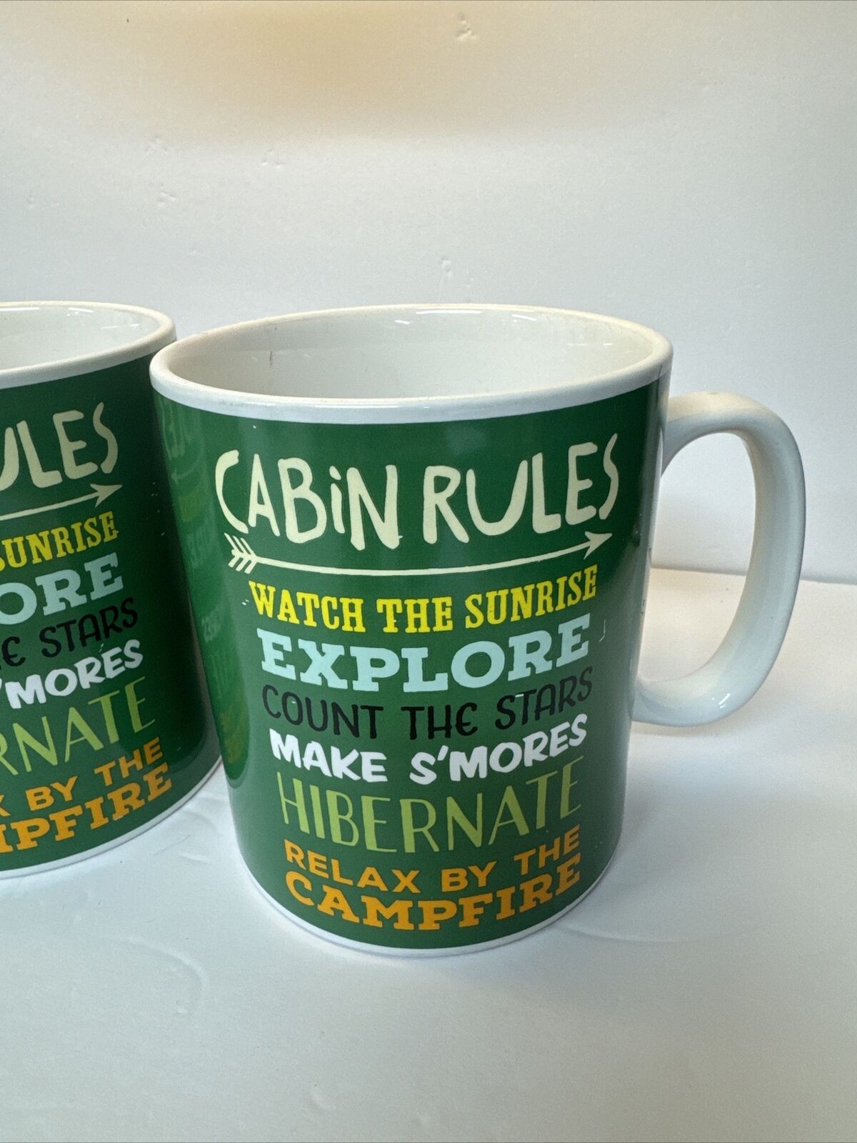 2 Large Mugs Cabin Rules Watch The Sunrise Make S’mores 5.25x4”