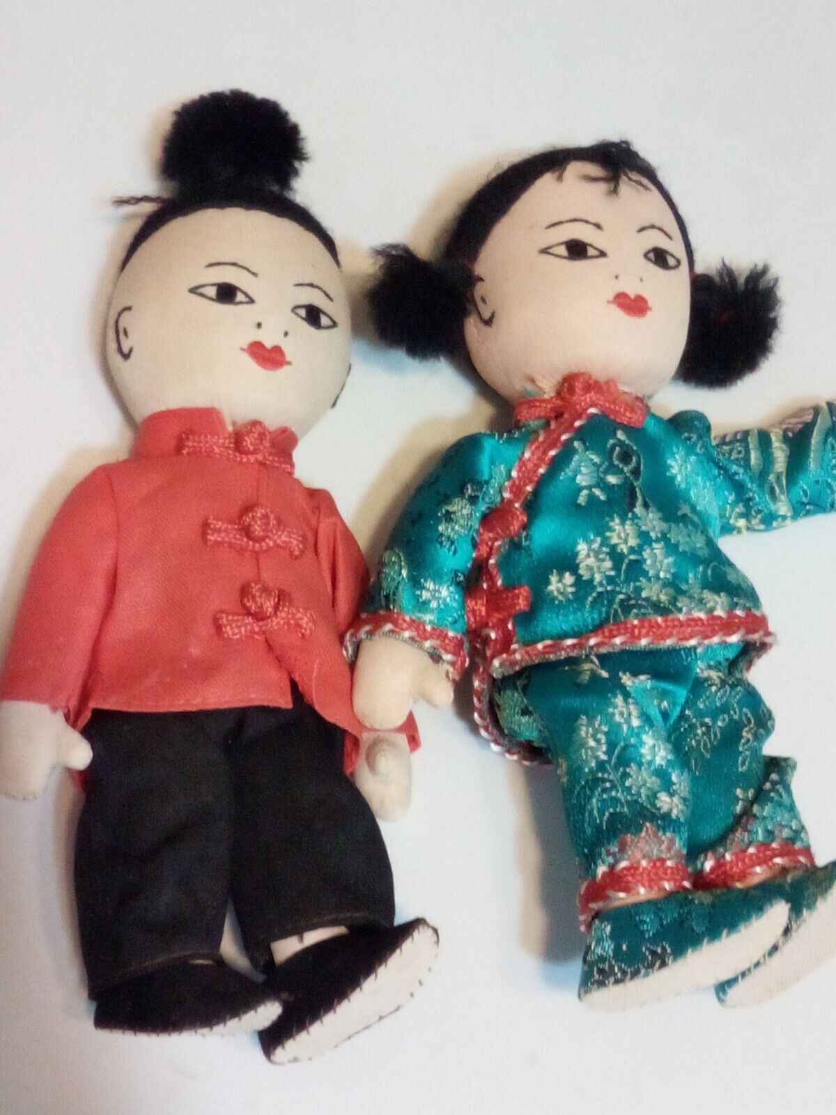 Vintage Asain Japanese Dolls 7 Embroidered Boy&Girl Silk Kimono Yarn Hair