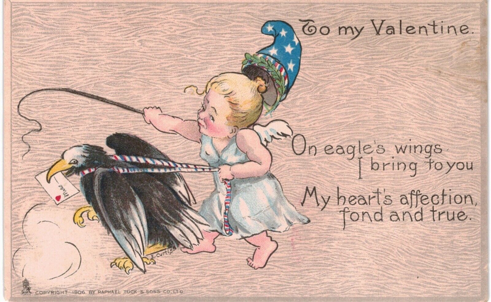 Tuck\'s Valentine #3 From Many Lands USA Female Cupid & Eagle 1910 A/S Curtis 