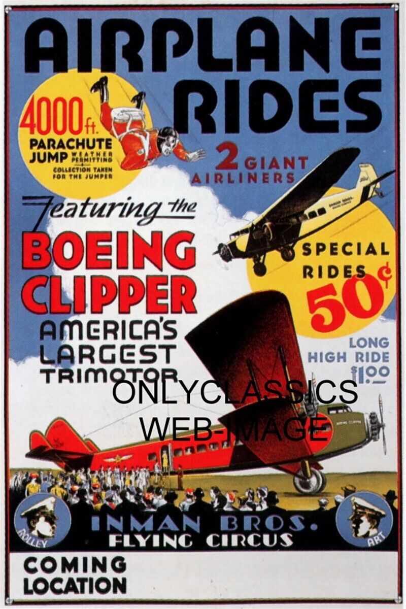 1929 BOEING CLIPPER AIRPLANE RIDES FLYING CIRCUS ACT 11x17 POSTER PARACHUTE JUMP