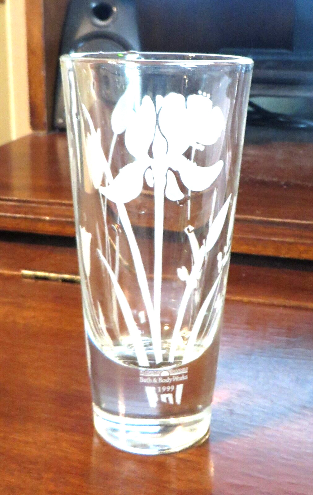 1999 Bath and Body Works Etched Tulip and Iris Glass Vase, Candle Holder 5 1/2\