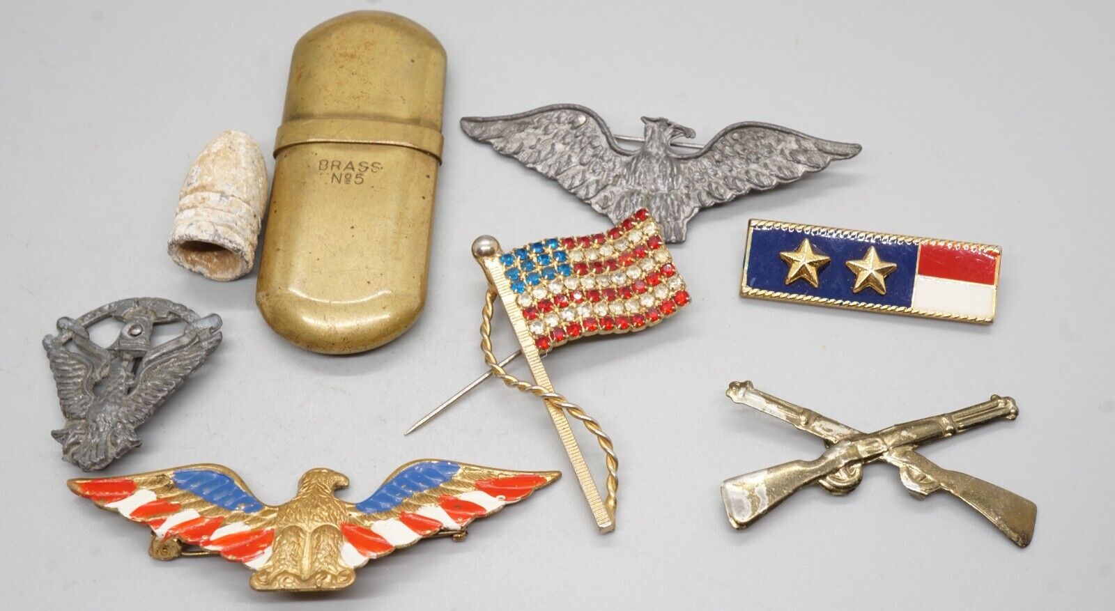 Civil War & WWII Army Infantry, Eagle, Flag Home Front Sweetheart Pins Lot Of 8