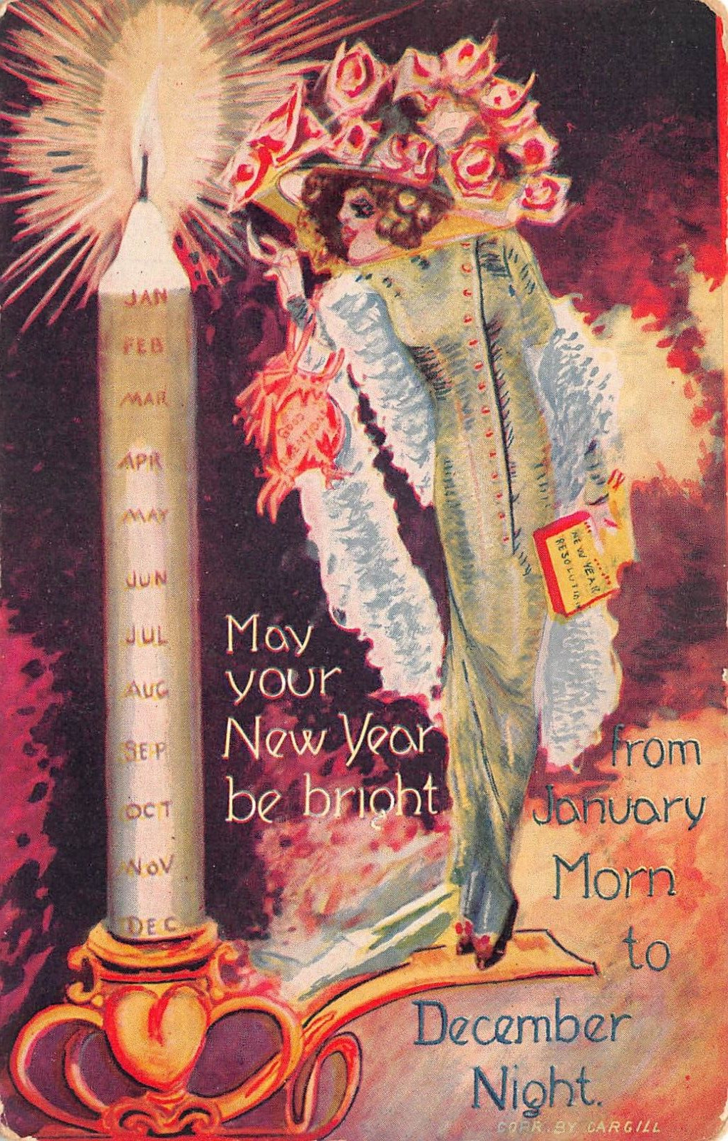 Happy New Year Strange Women Bright Candle Poem c1910 Antique Postcard 9111