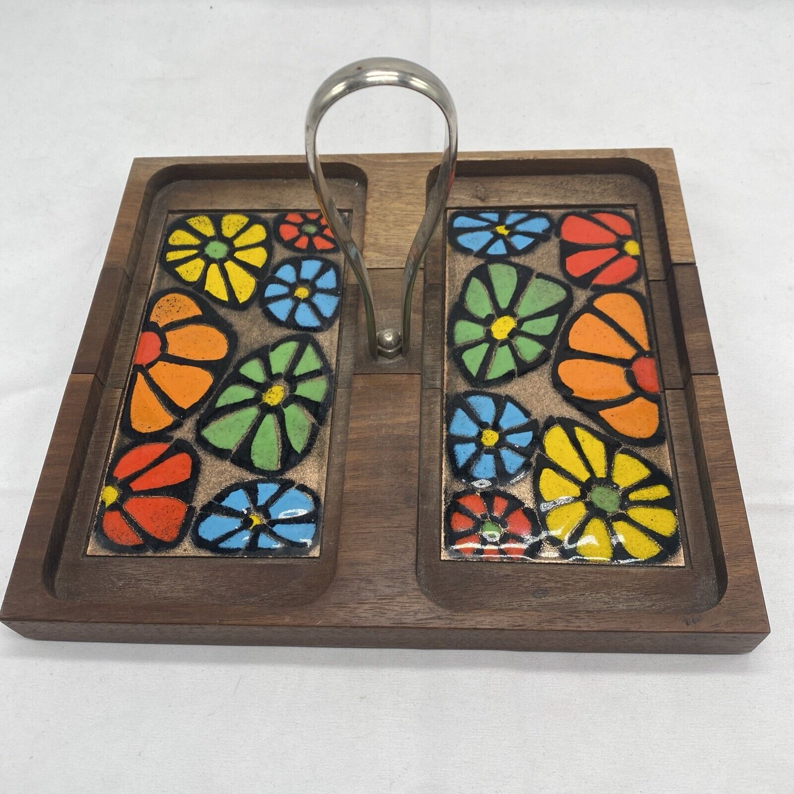MCM Ernest Sohn Solid Wood w/ Floral Glass Tile Nut/Candy/Serving Tray RETRO