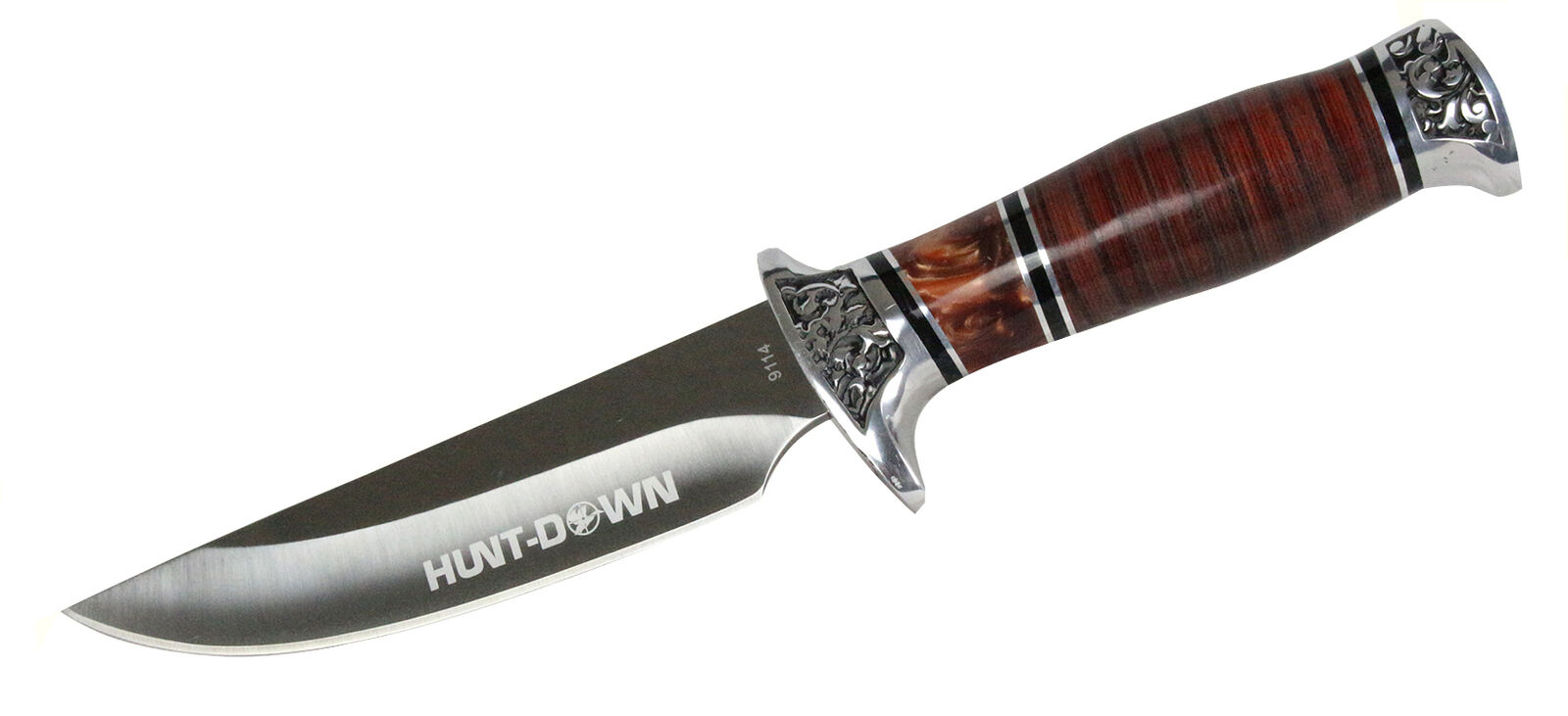 10in Hunt-Down Fixed Blade Knife with engraved Handle and Leather Sheath