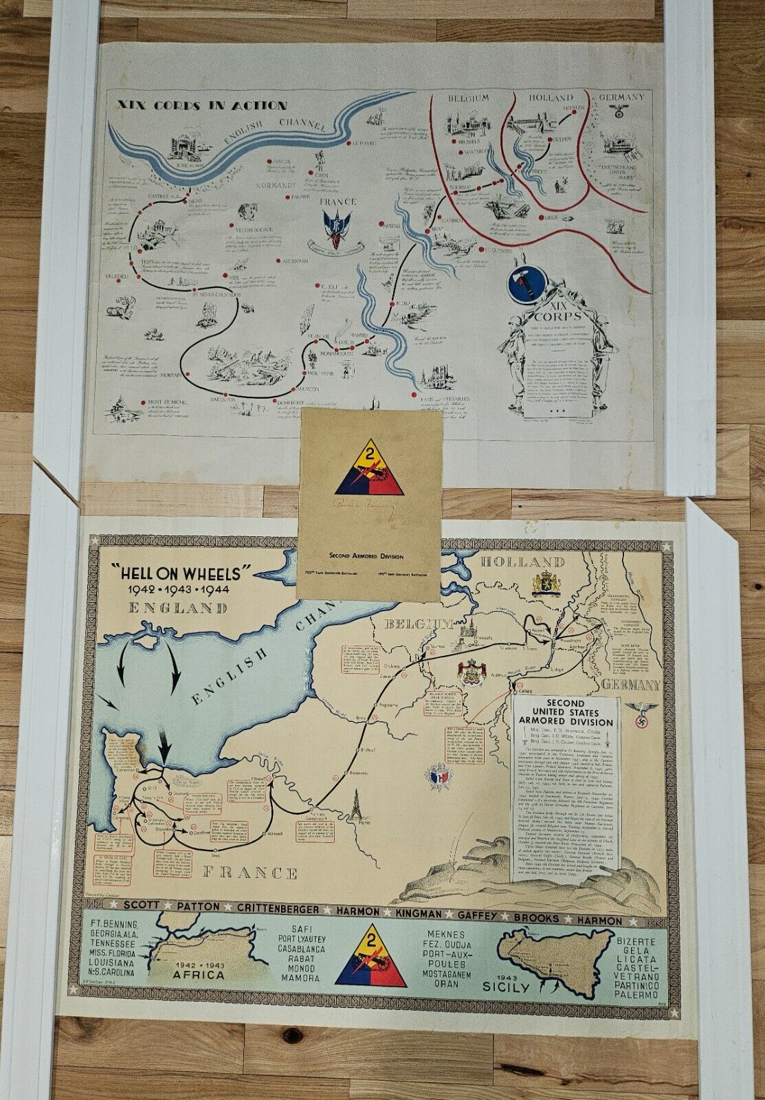 WWII maps 1944 HELL ON WHEELS , XIX CORP IN ACTION 2nd Armored Div corp. soldier