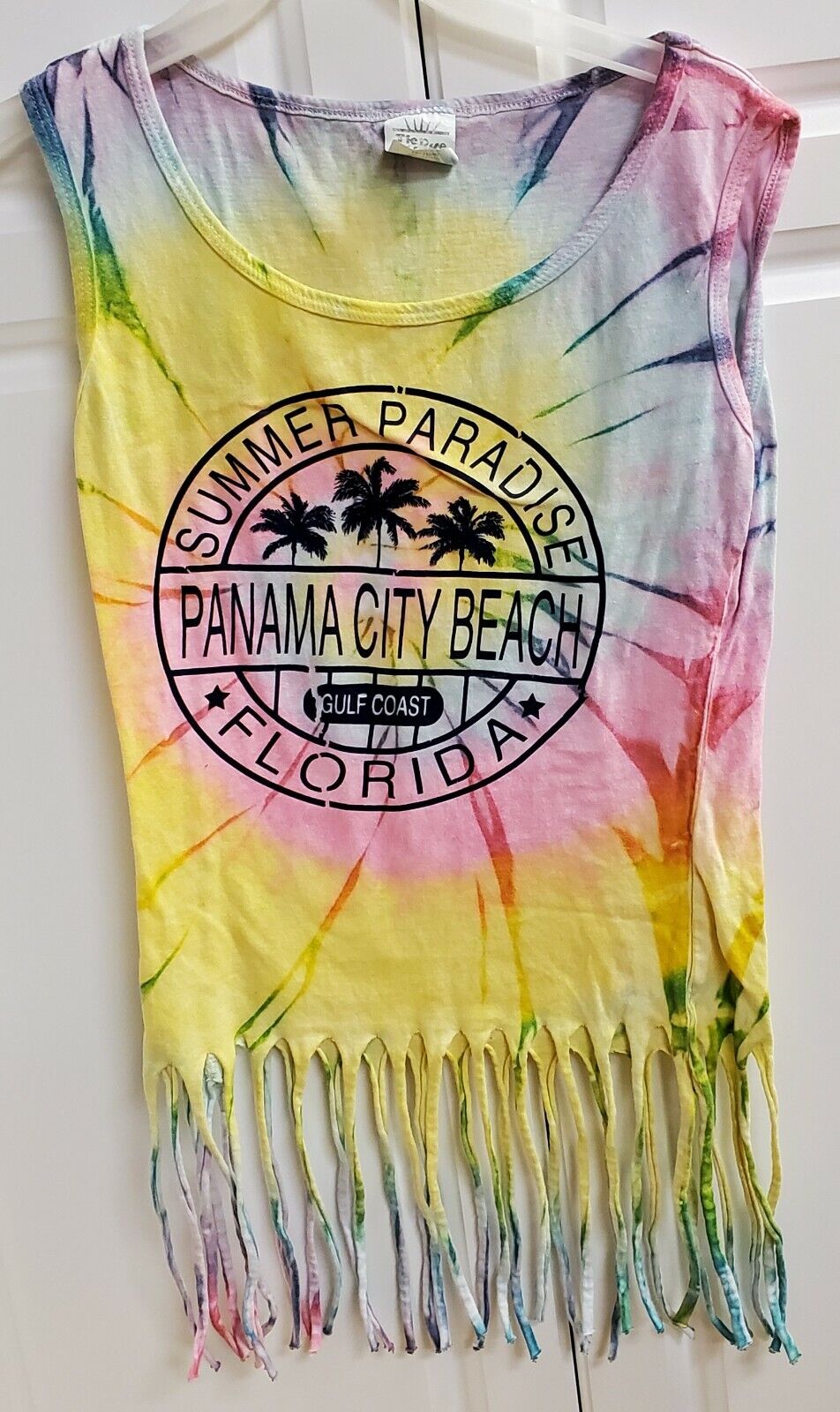 Summer Paradise Panama City Beach, FL Tie Dyed crop top fringed sleeveless Sz M