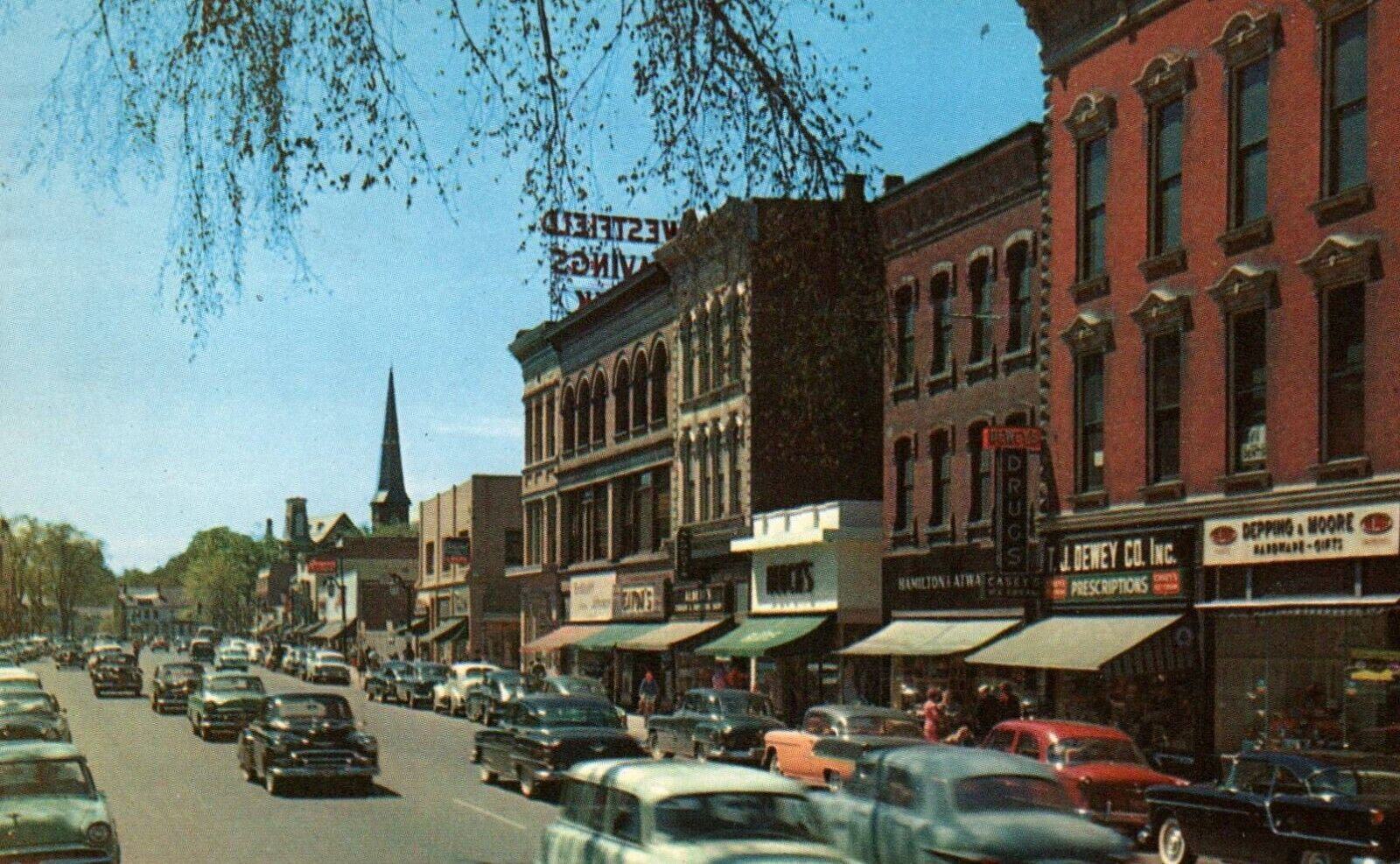 Westfield Mass. Elm St. Vintage 1958 Postcard