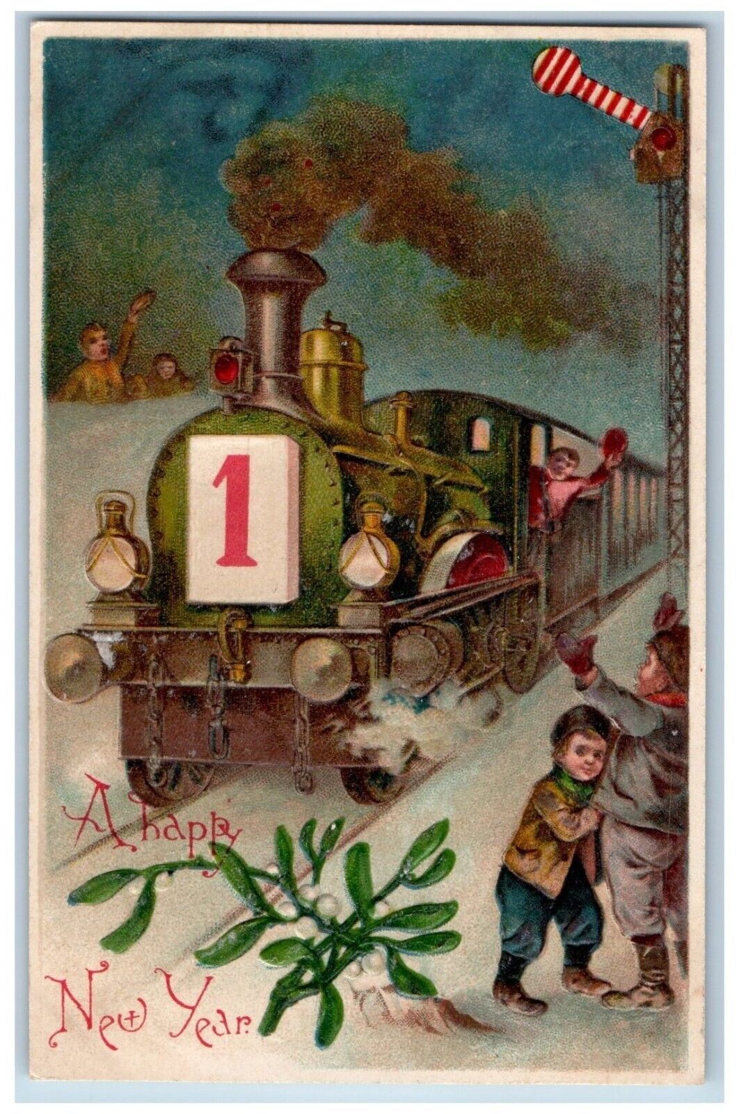 New Year Postcard Children Train Mistletoe Winter Embossed c1910's Antique