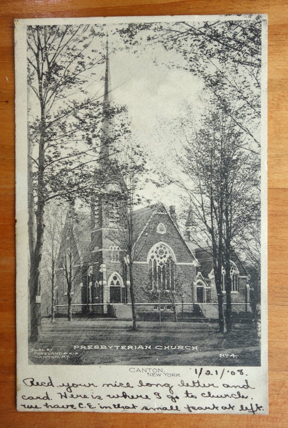 Presbyterian Church, Canton NY NEW YORK postcard dtd 1908