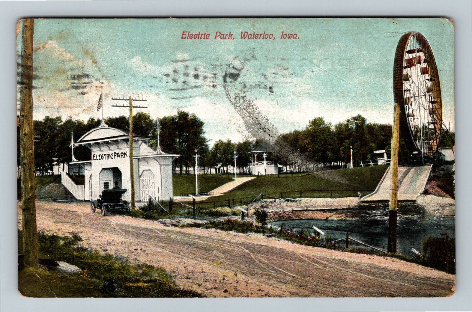 Waterloo IA-Iowa, Electric Park Ferris Wheel, Period Car, c1910 Vintage Postcard