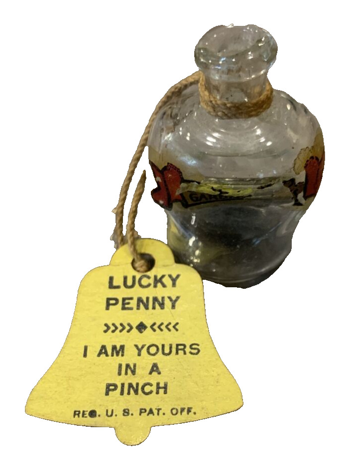 Vtg Good Luck 1942 Penny in Old American Pinch Jar Gardenia Perfume I’m Yours
