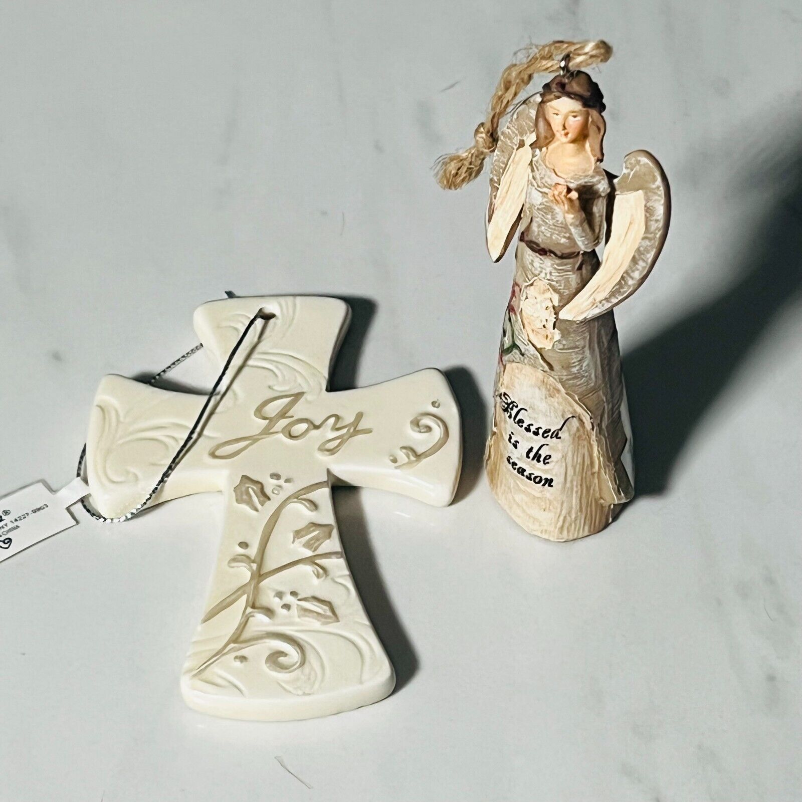 Lot of 2 Ornaments - Ceramic Joy by Ganz - Blessed Angel by Enesco - 2015 - BB