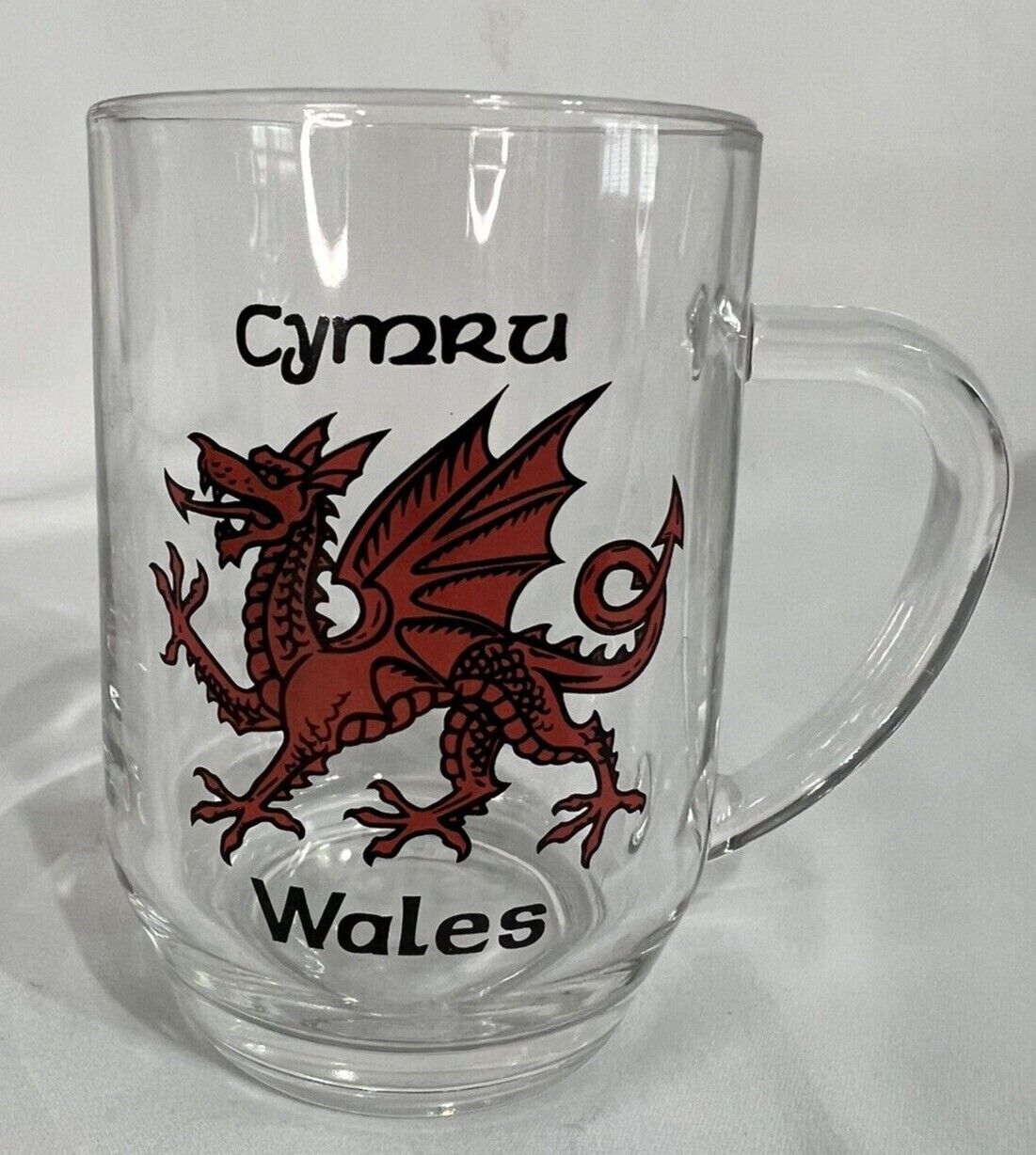 Cymru Wales Clear Glass Mug w/Red Welsh Roaring Dragon