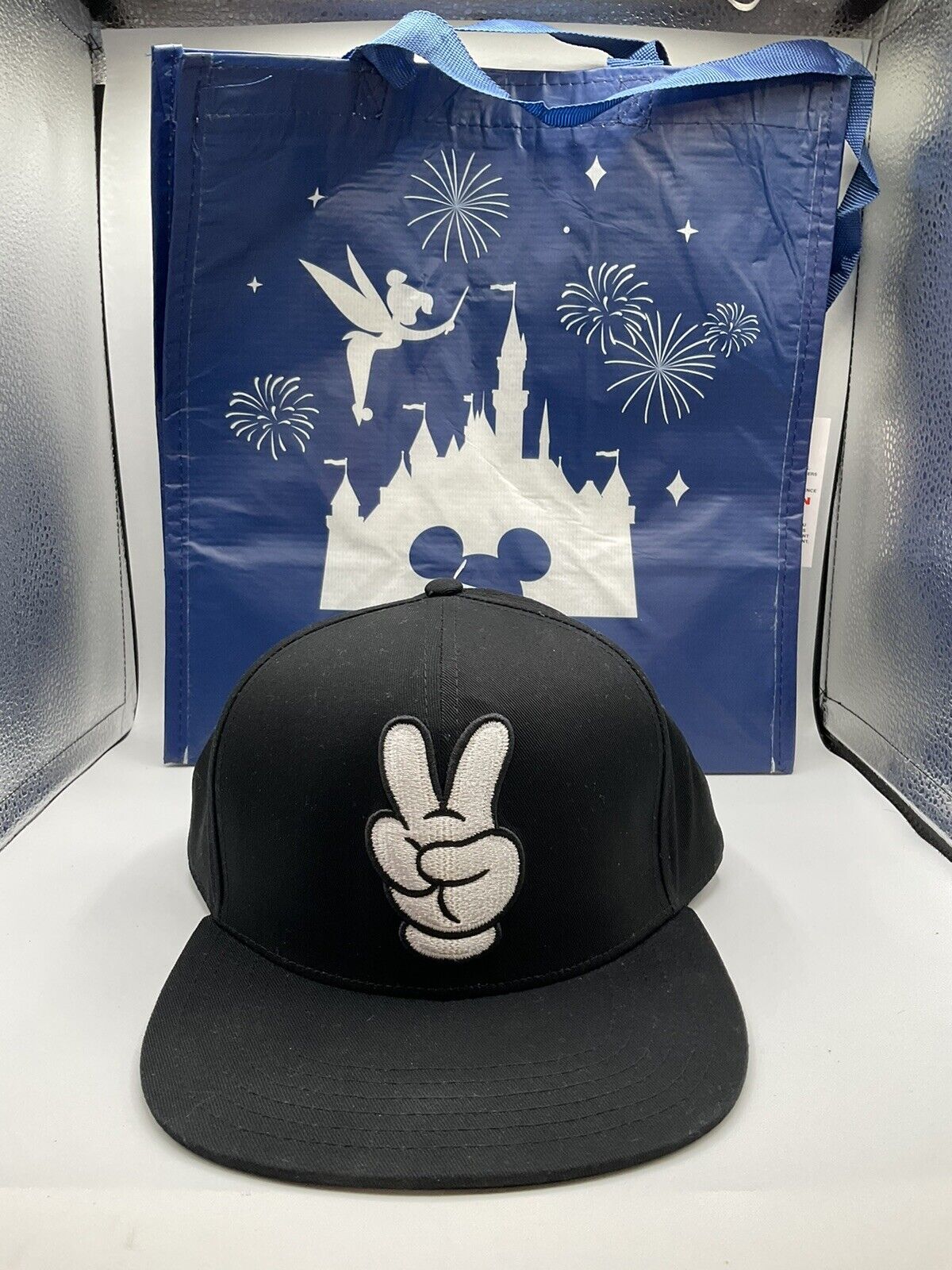 Disneyland Mickey Mouse Peace Sign Cap Black With White Embroidered NEW W/ Bag