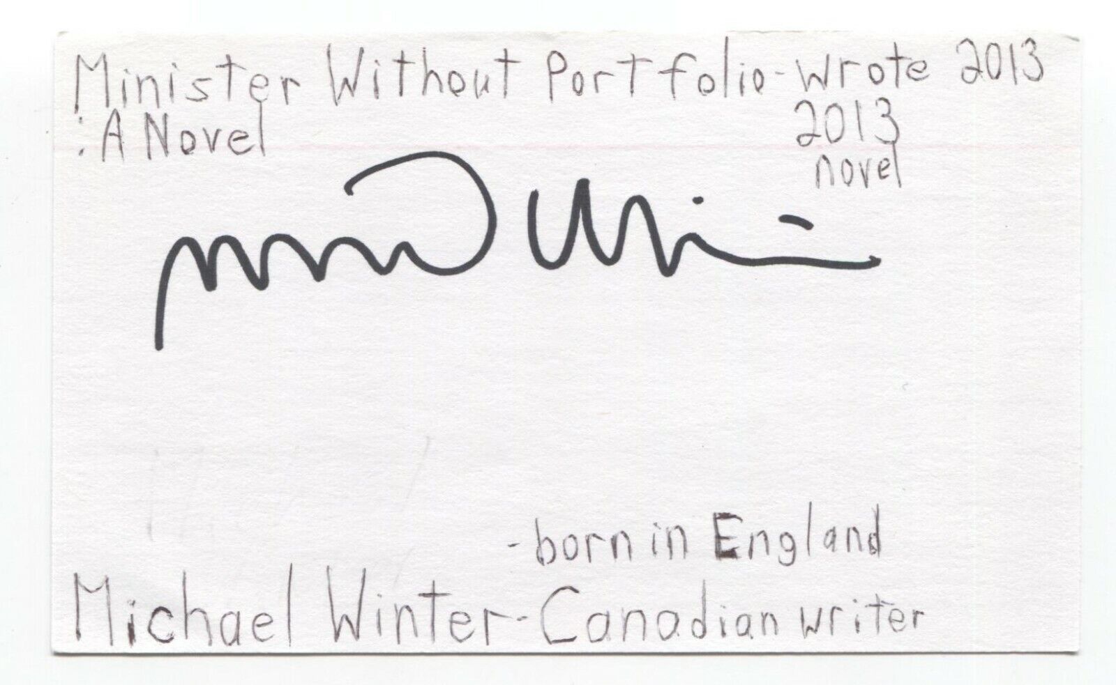 Michael Winter Signed 3x5 Index Card Autographed Signature Author Writer