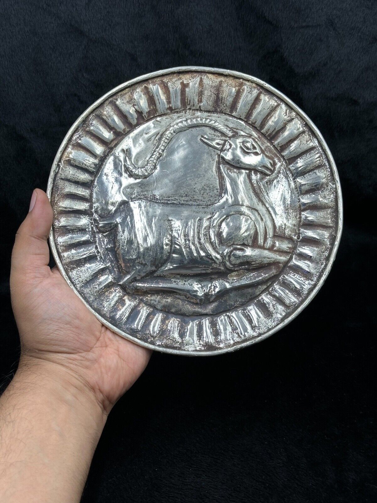 Ancient Near Eastern Sasanian Empire Ram Silver Coated Dish 224–651 AD