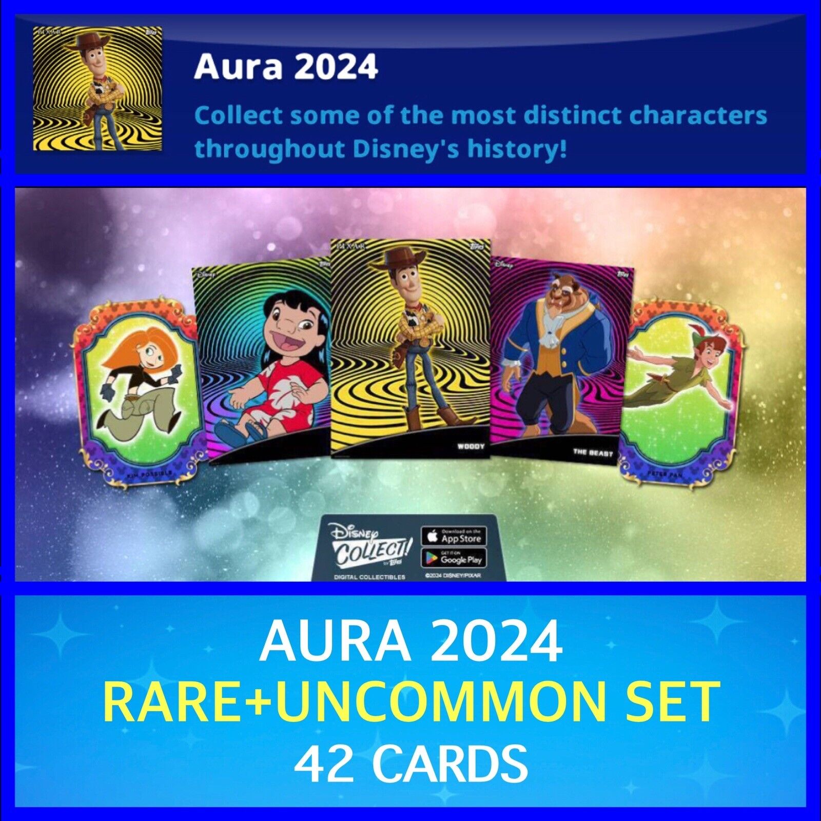 AURA 2024-RARE+UNCOMMON SET-42 CARD SET-TOPPS DISNEY COLLECT