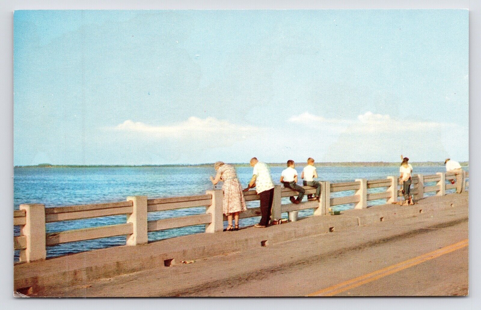 1950s~Melbourne Florida FL~Fishing off Bridge~Causeway~Indian River~VTG Postcard