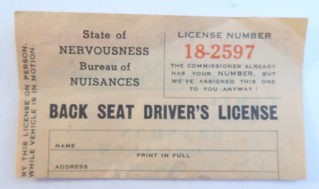Back Seat Driver's License State of Nervousness Cigarettes Vintage Paper 1964-67