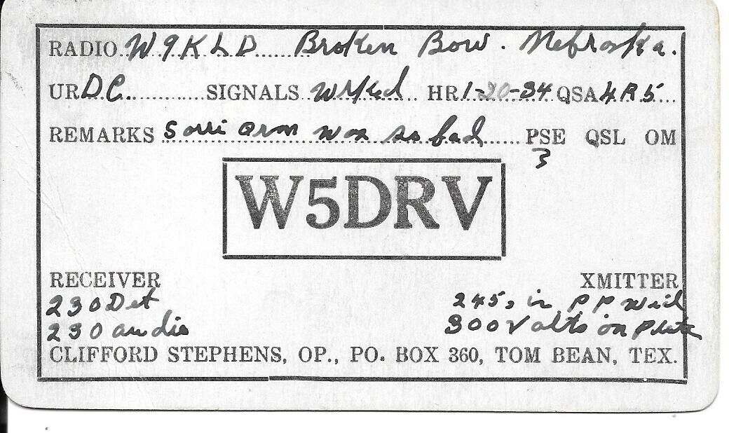 QSL  1934 Tom Bean   Texas    radio card