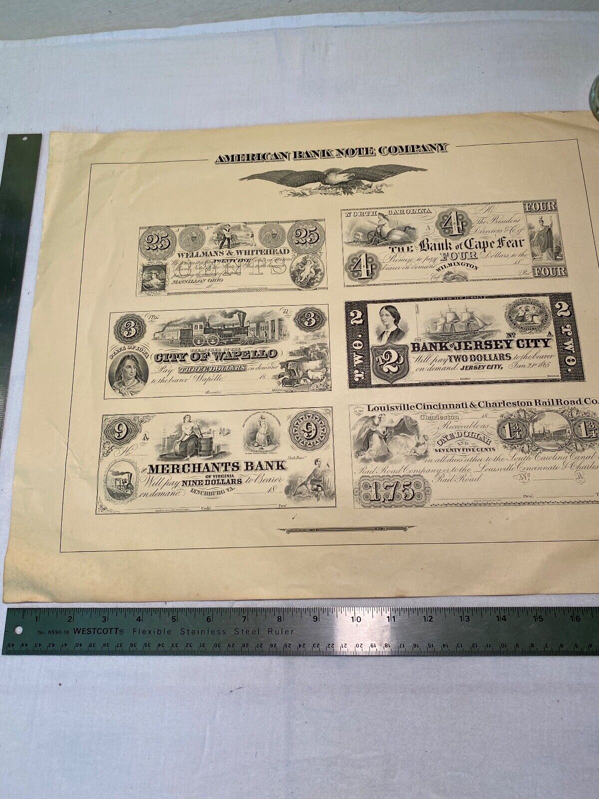 Vintage American Bank Note Company (ABNC) Notes Sheet 6 Bank Notes Illustrations