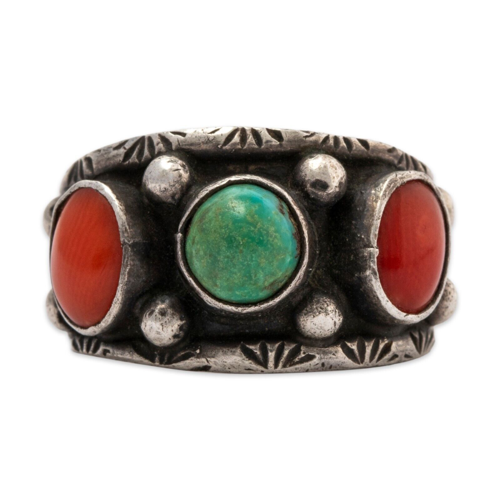 NATIVE AMERICAN STERLING SILVER GREEN TURQUOISE CORAL STAMP WORK RING 5.25