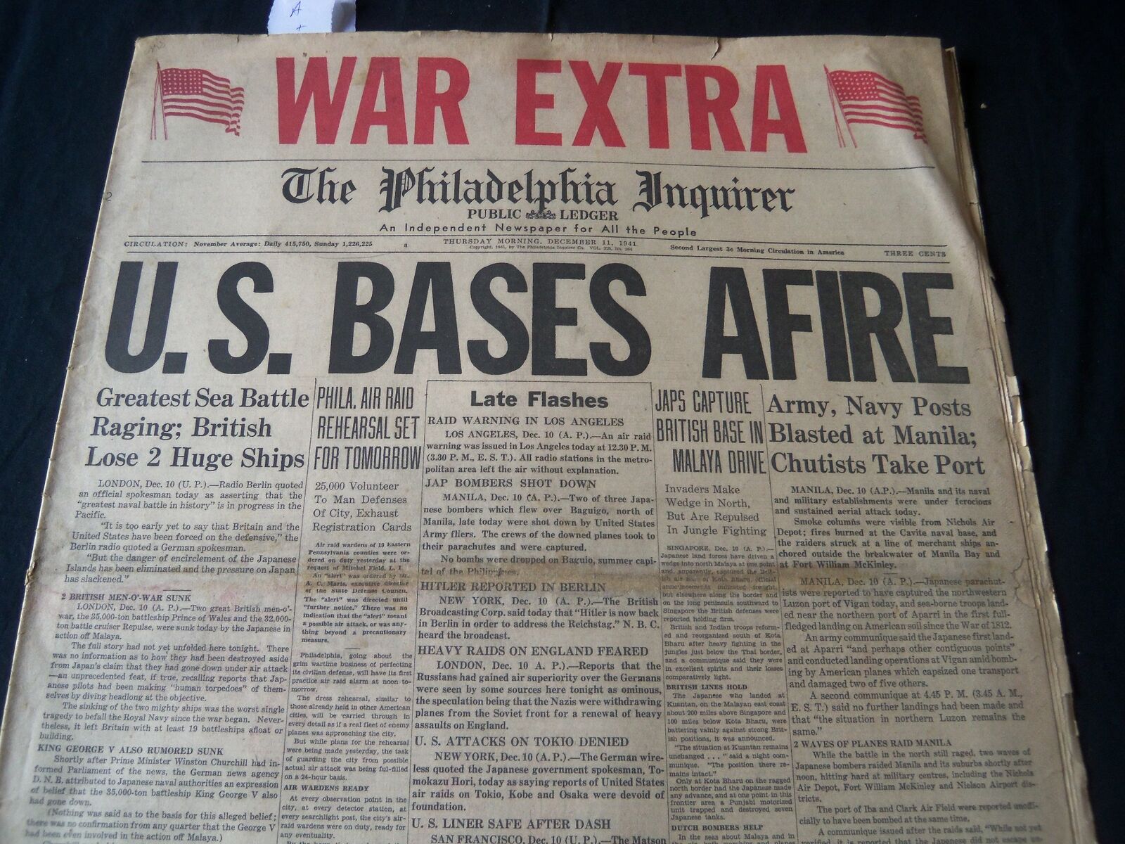 1941 DECEMBER 11 PHILADELPHIA INQUIRER NEWSPAPER - U. S. BASES AFIRE - NT 7243