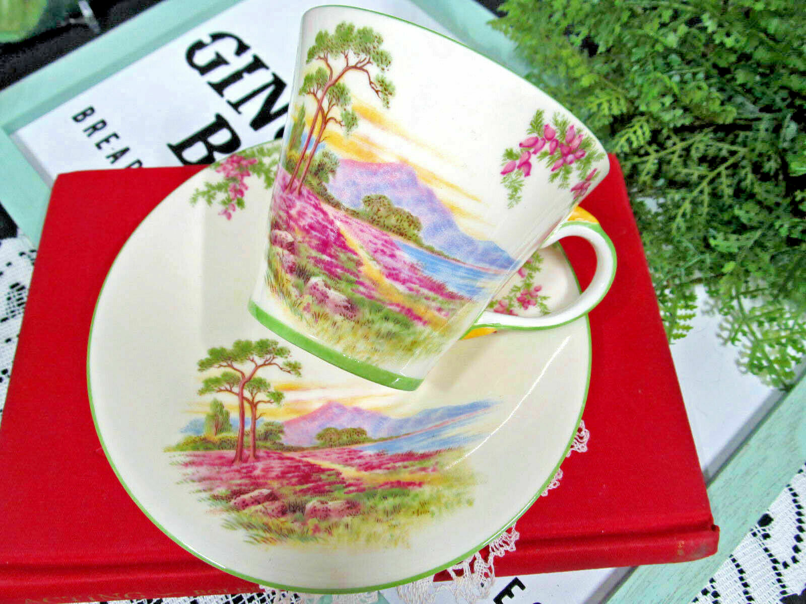 AYNSLEY tea cup and saucer yellow PINK meadow lane teacup England 1930s  