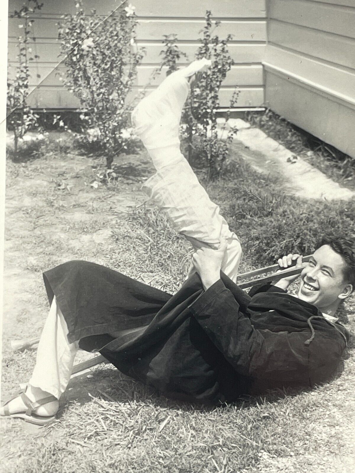 XF Photograph Handsome Man Broken Foot Leg Cast Crutches Falls On Ground 1940\'s