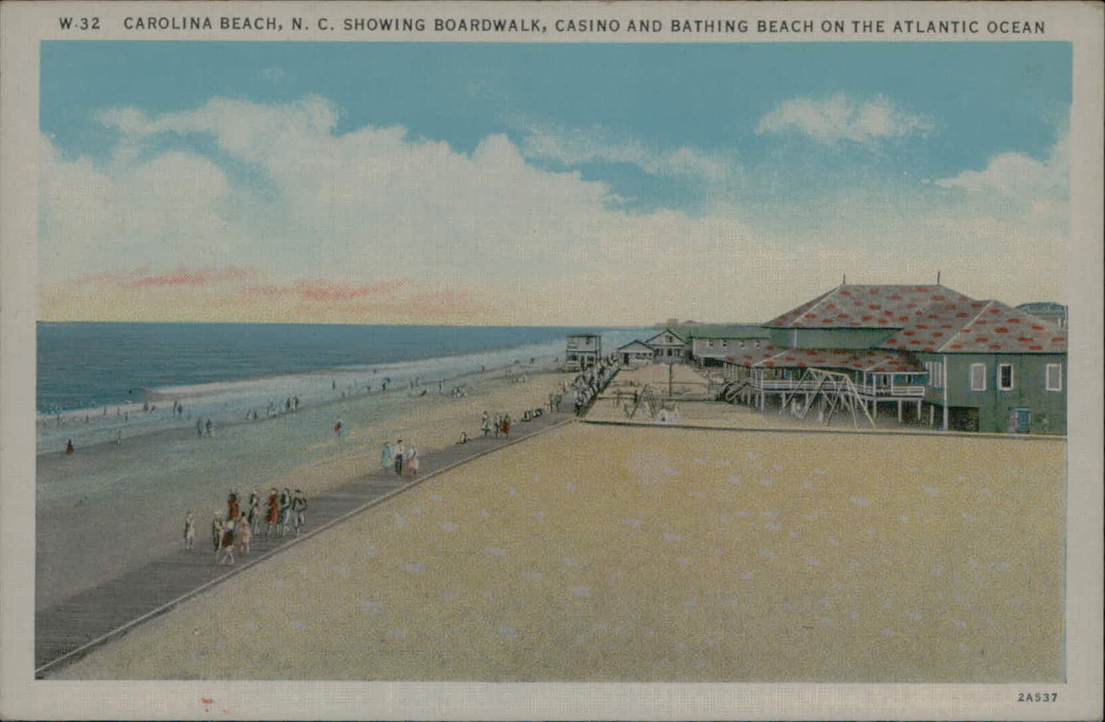 Postcard: W.32 CAROLINA BEACH, N. C. SHOWING BOARDWALK, CASINO AND BAT