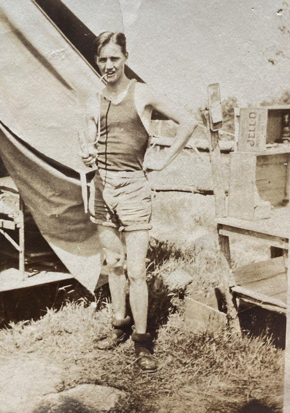 Boy Scouts Young Man Outside Tent Getting Ready for the Day Small Vintage Photo
