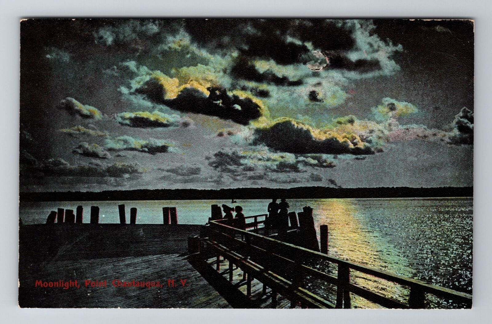 Chautauqua NY-New York, Moonlight on Point Chautauqua, Antique Vintage Postcard