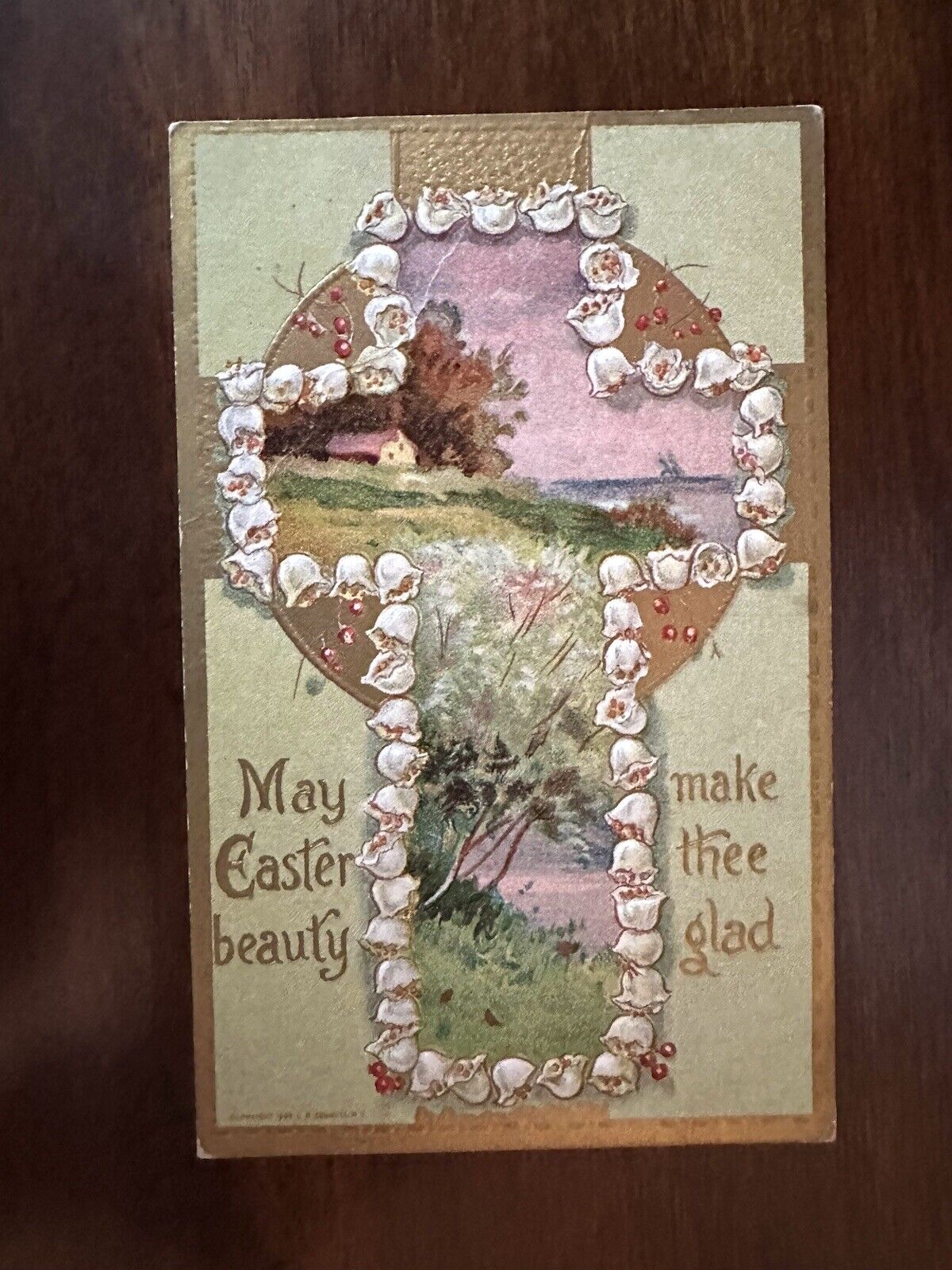 Vintage Easter Greeting Cross with Flowers  Postcard H101