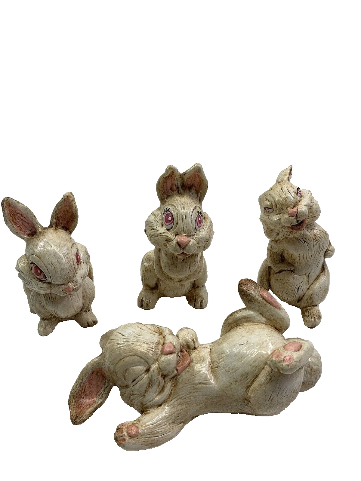 Vintage Ceramic Bunny Rabbits Figurines Set of 4 Retro Decor Creepy Cute