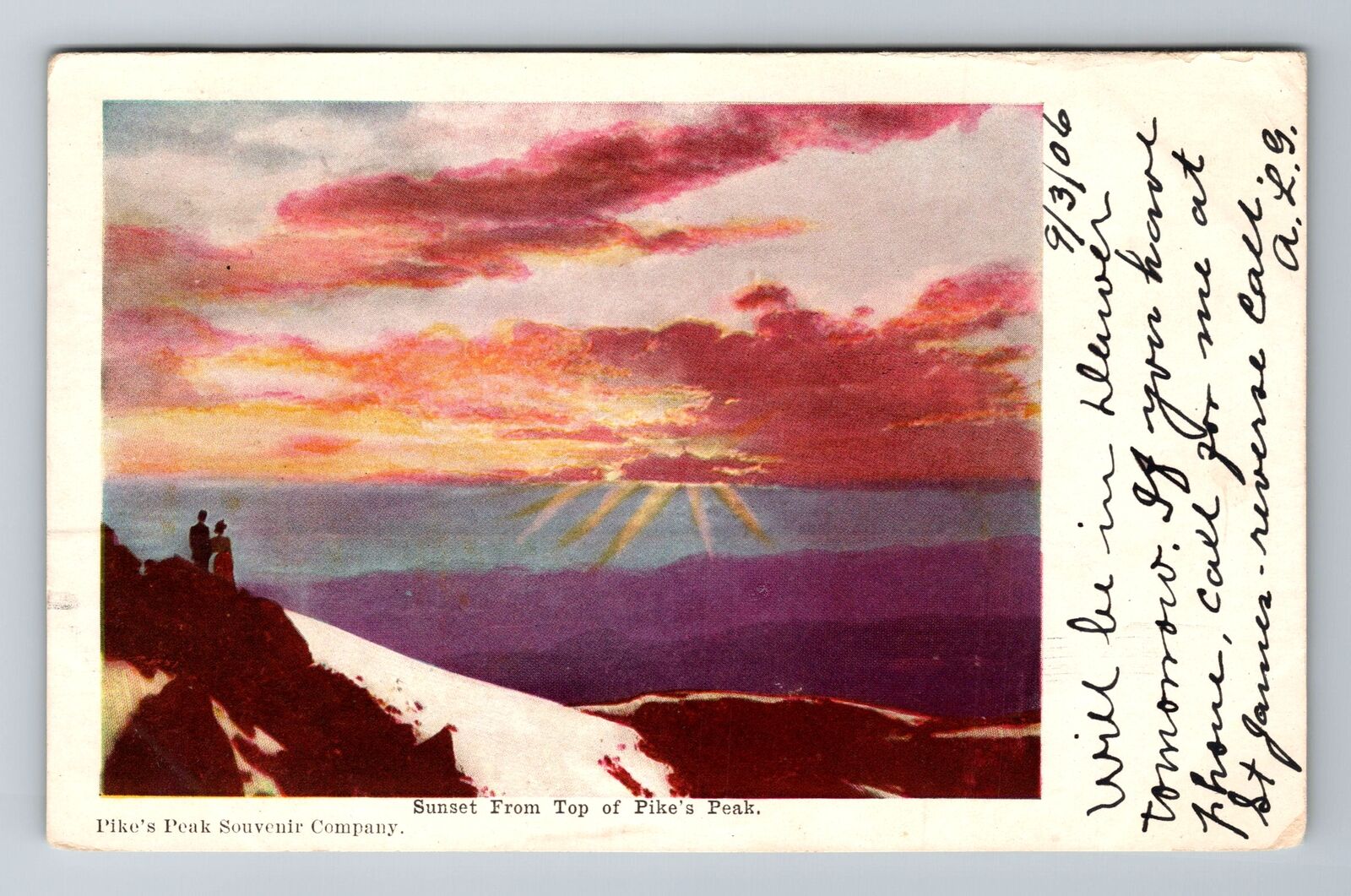 Pikes Peak CO-Colorado, Sunset From Top, Antique, Vintage c1914 Postcard