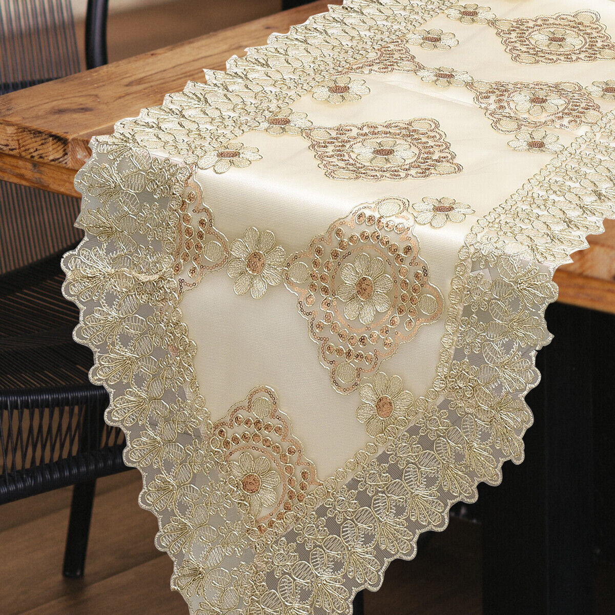 Table Runner Beige Golden Flower Embroidered Pattern Polyester Lace Table Decor