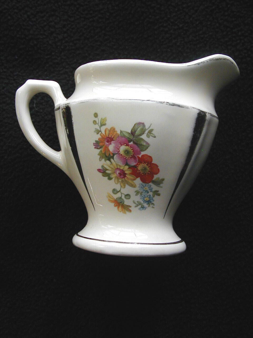1930s Porcelier Creamer Reversed Field Flowers Ceramic Platinum trim