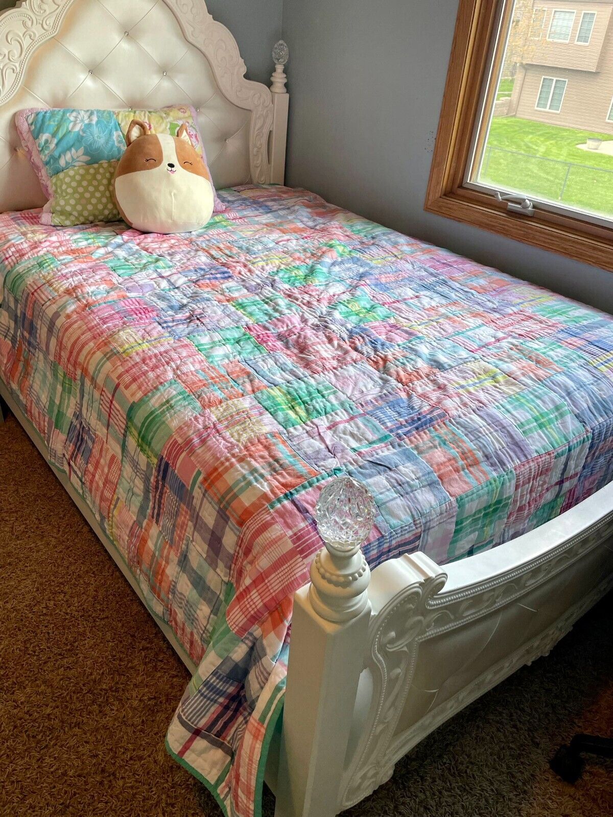 Handmade Madras Pink Plaid Patchwork Hand Stitched Twin Size Cotton Soft QUILT