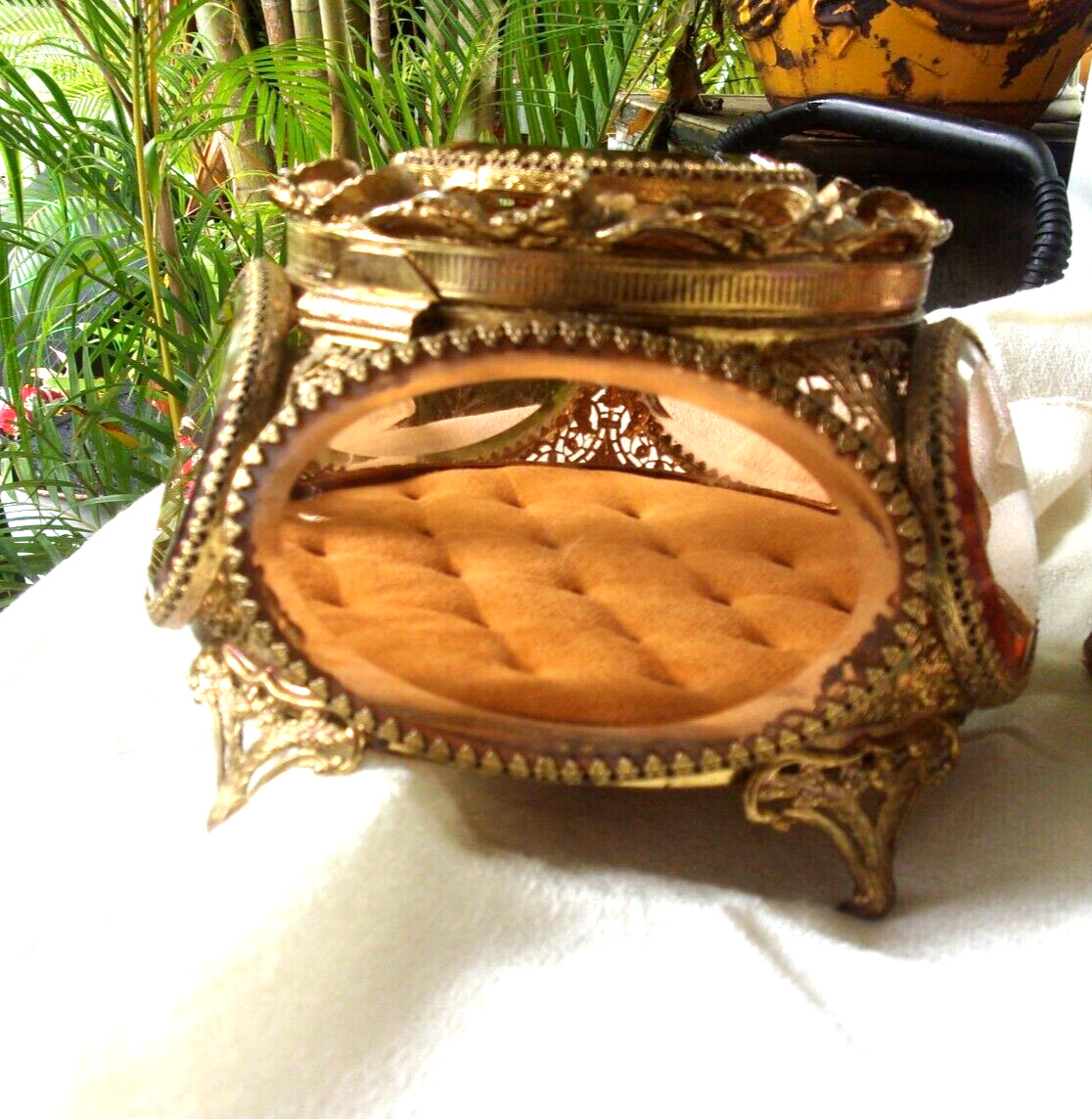 Two Large Vintage Ormolu Filigree Beveled Glass 5-Sided Jewelry Casket Box