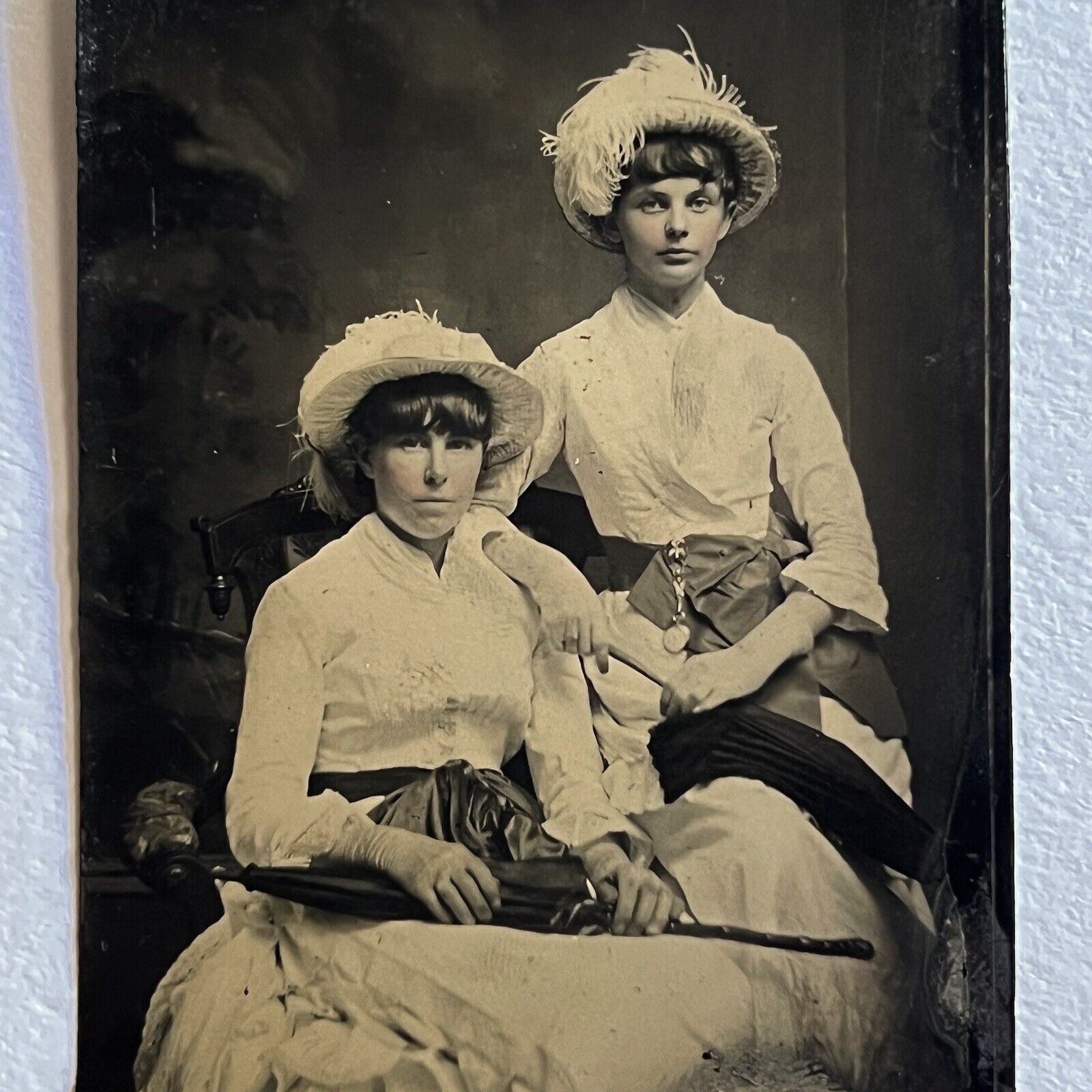 Antique Tintype Photograph Beautiful Affluent Young Women Gorgeous Hat Dress